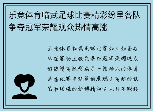 乐竞体育临武足球比赛精彩纷呈各队争夺冠军荣耀观众热情高涨