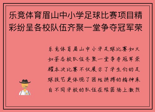 乐竞体育眉山中小学足球比赛项目精彩纷呈各校队伍齐聚一堂争夺冠军荣耀